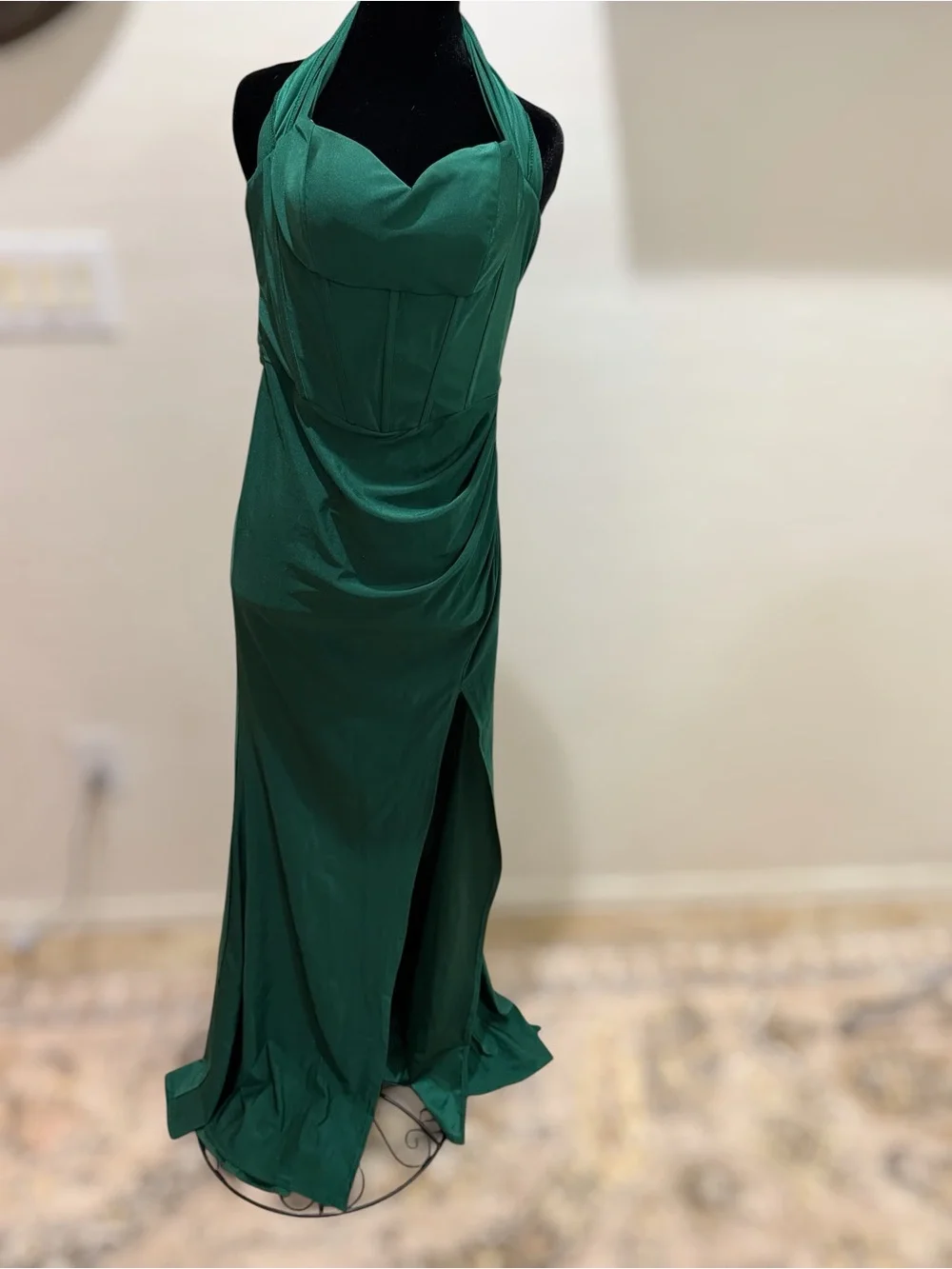 AOSHABABI Emerald Green Halter Corset Maxi Dress Lace Up Back Slit Formal Size S - Picture 1 of 5